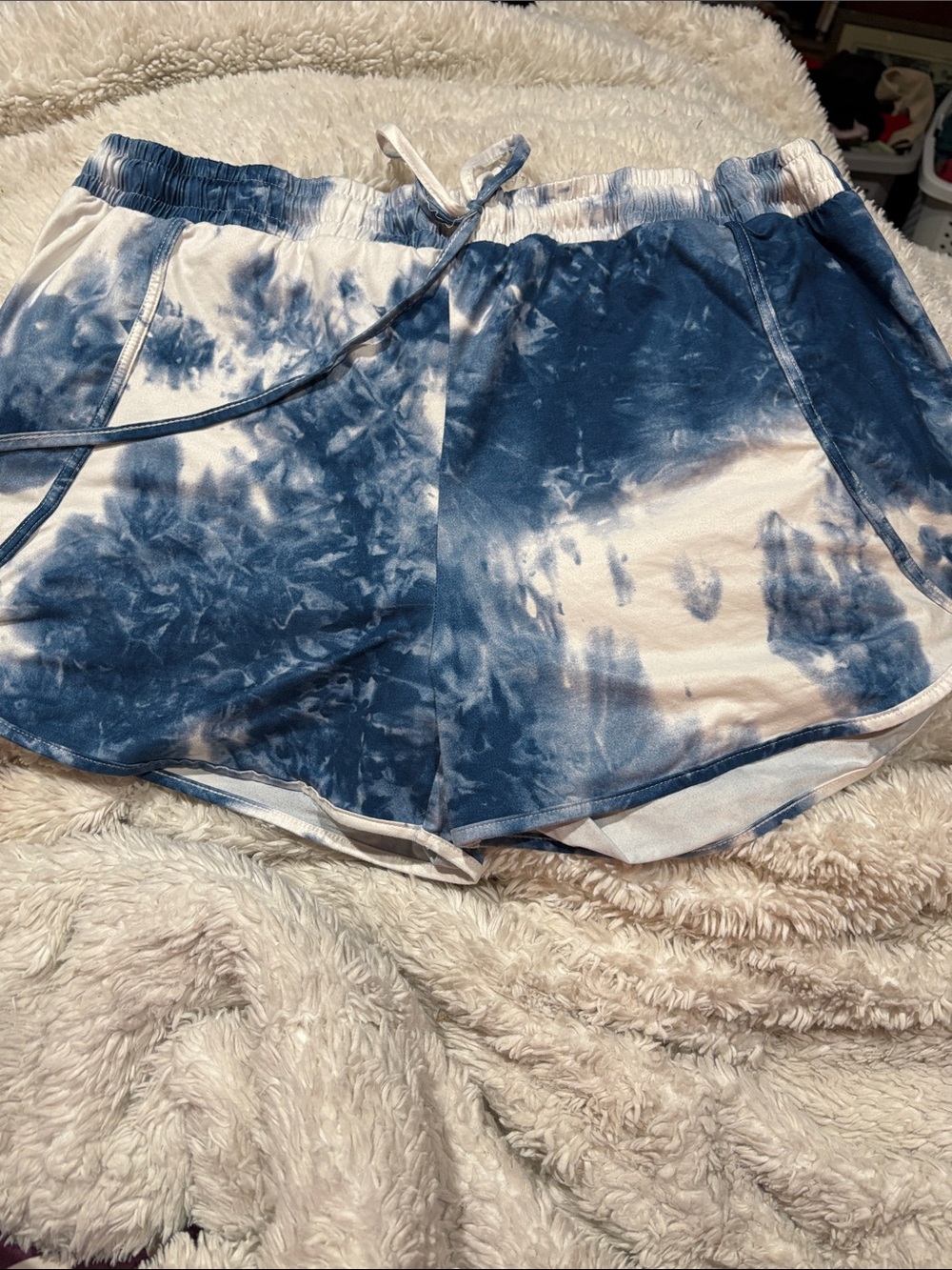 Women's Tie-Dye Blue & White Athletic Shorts with Drawstring